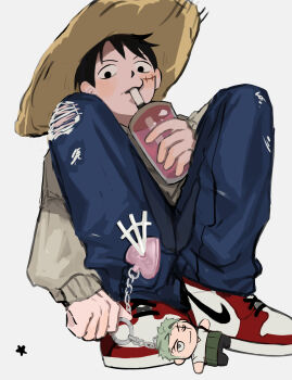 Rule 34 | 1boy, absurdres, black eyes, black hair, blue pants, brown hat, character charm, charm (object), commentary, cup, drinking straw, facial scar, full body, grey sweater, hat, highres, holding, holding cup, jjerri00, male focus, monkey d. luffy, nike (company), one piece, pants, roronoa zoro, scar, scar on cheek, scar on face, shoes, short hair, simple background, sitting, sneakers, solo, straw hat, sweater, symbol-only commentary, torn clothes, torn pants, white background