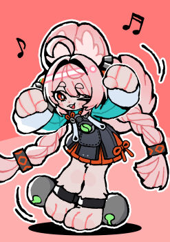 1girl absurdres accessories andii_(anzai_teachco) animal_ear_fluff arms_up black_dress blush bright_pupils dancing dress ear_piercing furry furry_female green_shirt hair_ornament highres legband medallion musical_note one_eye_closed open_mouth piercing pink_background pink_fur pink_hair rabbit_girl red_eyes screw shirt short_eyebrows single_hair_intake solo teeth thick_eyebrows twintails upper_teeth_only white_fur white_pupils zenless_zone_zero zhao_(zenless_zone_zero)
