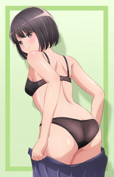 1girl akippoi_0919 ass back black_bra black_eyes black_hair black_panties blue_skirt bra breasts closed_mouth clothes_pull commentary crotch_seam from_behind green_background highres leaning_forward looking_at_viewer looking_back no_shirt open_clothes open_skirt original panties pleated_skirt pulling_own_clothes short_hair skirt skirt_pull small_breasts smile solo standing underwear undressing