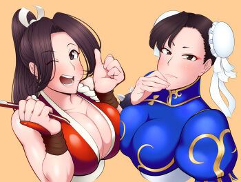 2girls breasts brown_eyes brown_hair bun_cover capcom chun-li cleavage crossover double_bun fatal_fury female_focus hair_bun hand_fan holding holding_fan large_breasts long_hair looking_at_viewer matching_hair/eyes multiple_girls one_eye_closed open_mouth ponytail shiranui_mai smile street_fighter the_king_of_fighters wink