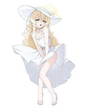 Rule 34 | 1girl, absurdres, bare legs, blonde hair, blue archive, collarbone, commentary request, cosplay, dress, dress tug, full body, green eyes, halo, hat, high heels, highres, looking at viewer, mandara3a, marilyn monroe, marilyn monroe (cosplay), professor niyaniya (blue archive), simple background, sleeveless, sleeveless dress, smile, solo, sun hat, toes, white background, white dress, white hat