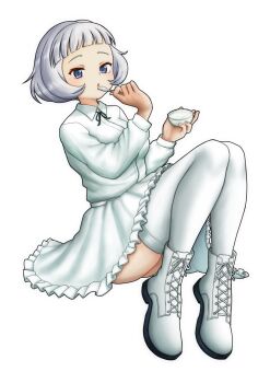 1girl :o absurdres amanone_yun ankle_boots black_ribbon blue_eyes blunt_bangs bob_cut boots collared_shirt commentary cup floating frilled_skirt frills girls_und_panzer highres holding holding_cup holding_spoon knees_up long_sleeves looking_at_viewer miniskirt neck_ribbon parted_lips ribbon school_uniform shirt shoes short_hair simple_background skirt solo sophia_(girls_und_panzer) spoon thighhighs white_background white_hair white_shirt white_shoes white_skirt white_thighhighs wing_collar yogurt yogurt_school_uniform