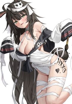 1girl absurdres ahoge alternate_costume animal_ears bandaged_head bandaged_leg bandages bare_shoulders black_hair black_sailor_collar blue_sailor_collar blush body_writing breasts brown_hair calligraphy_brush character_request cleavage collarbone covered_navel green_eyes hair_between_eyes hair_ornament halloween heart highres holding horse_ears horse_girl horse_tail jeon_(user_ywaw3774) large_breasts leotard long_hair long_sleeves looking_at_viewer mole mole_on_breast naked_bandage off_shoulder open_mouth original paintbrush rabbit_ears rabbit_girl rabbit_tail sailor_collar sideboob simple_background skull_hair_ornament sleeves_past_fingers sleeves_past_wrists smile solo standing sweat tail tally thighs tongue very_long_hair white_background white_leotard