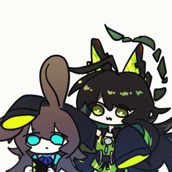 2girls :3 amiya_(arknights) animal_ears animated animated_gif arknights ascot bare_shoulders belt belt_buckle black_hair black_jacket blue_ascot blue_collar blue_eyes blue_jacket bright_pupils brown_hair buckle cat_ears chinese_commentary collar commentary_request dress green_dress green_eyes green_hair headpat jacket long_hair long_sleeves losia mon3tr_(arknights) multicolored_hair multiple_girls open_clothes open_jacket rabbit_ears sleeves_past_wrists white_background white_pupils