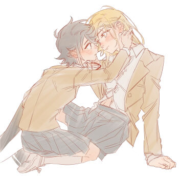 2girls :o black_hair blonde_hair blush chinese_commentary commentary from_side glasses highres jacket jiguang_haibao koishikawa_iko long_hair long_sleeves momijiyama_teru multiple_girls neck_ribbon open_clothes open_jacket pleated_skirt ribbon sailor_collar school_uniform shirt short_hair shy_(series) simple_background skirt white_background white_shirt yuri