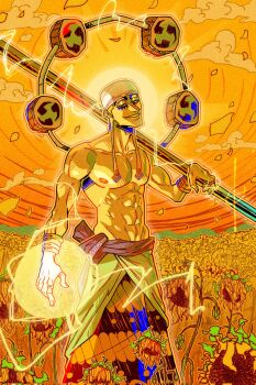 1boy abs bandana drum electricity enel field flower flower_field heneryque highres holding holding_staff instrument jewelry long_earlobes looking_at_viewer male_focus one_piece outdoors ring sash smirk solo staff sunflower sunflower_field topless_male white_bandana