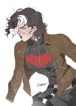 artist_name bat_signal batman_(series) batman_symbol black_bodysuit black_hair bodysuit brown_jacket dc_comics genderswap genderswap_(mtf) holster jacket jason_todd lingi-15 long_sleeves multicolored_hair open_clothes open_mouth pants red_hood_(dc) short_hair simple_background superhero_costume thigh_holster two-tone_hair white_hair