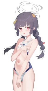1girl absurdres alternate_costume bare_shoulders bikini black_hair blue_archive blush braid bright_pupils cameltoe collarbone covering_breasts covering_crotch covering_privates dot_nose furrowed_brow grey_halo halo hand_up highleg highleg_one-piece_swimsuit highres leaf leaf_on_head loli long_braid long_hair looking_at_viewer miyu_(blue_archive) navel one-piece_swimsuit open_mouth red_eyes simple_background solo standing stomach swimsuit thighs twin_braids very_long_hair wavy_hair wet white_background white_pupils whoning1