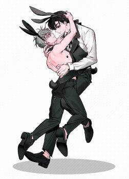 2boys alien_stage animal_ear_hairband animal_ears black_eyes black_hair black_pants black_shoes black_vest capybara_roll commentary fake_animal_ears fang grey_hair hairband ivan_(alien_stage) male_focus multiple_boys official_alternate_costume pants rabbit_ears rabbit_tattoo shirt shoes short_hair skin_fang tail tattoo till_(alien_stage) very_short_hair vest white_shirt yaoi