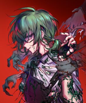 6+boys :d acostasu ahoge amputee bags_under_eyes black_gloves black_overalls blood blood_on_arm blood_on_clothes blood_on_face blood_on_hands cheek_tattoo chinese_commentary collared_shirt colored_skin commentary_request defeat empty_eyes false_smile fingerless_gloves fingernails from_side gatling_pea_(plants_vs._zombies) gloves grabbing_another&#039;s_arm grabbing_from_behind green_blood green_eyes green_hair green_skin hair_between_eyes hair_tie hand_up highres jitome looking_at_viewer low_ponytail lower_teeth_only medium_hair multiple_boys open_mouth overalls personification plants_vs._zombies ponytail profile red_background shirt simple_background smile solo_focus sweat tattoo teeth three-quarter_sleeves torn_clothes torn_gloves torn_shirt white_shirt zombie_(plants_vs._zombies)