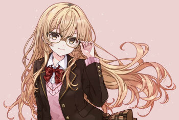 1girl :3 blazer blonde_hair bow bowtie brown_jacket cardigan collared_shirt glasses hashtag-only_commentary highres ienaga_mugi ienaga_mugi_(7th_costume) imouma jacket lapels long_hair looking_at_viewer nijisanji official_alternate_costume pink_background pink_cardigan red_bow red_bowtie school_uniform shirt simple_background solo upper_body virtual_youtuber yellow_eyes