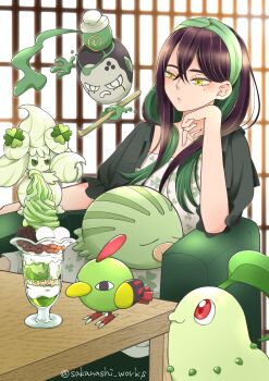 1girl absurdres alcremie alcremie_(clover_sweet) alcremie_(matcha_cream) alternate_color black_hair carmine_(pokemon) chikorita colored_inner_hair crossed_bangs dress eyelashes gen_2_pokemon gen_8_pokemon green_hair green_hairband hair_between_eyes hairband highres holding long_hair mole mole_under_eye multicolored_hair natu nintendo pokemon pokemon_(creature) pokemon_sv poltchageist red_eyes sakanashiworks shiny_pokemon sitting smile swinub two-tone_hair yellow_eyes