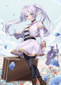 2girls absurdres ankle_boots aqua_eyes belt black_belt black_coat black_pantyhose black_shirt blue_sky blunt_bangs boots breasts briefcase brown_boots capelet cloud cloudy_sky coat commentary commentary_request day dress elf english_commentary falling_petals fern_(sousou_no_frieren) floating_clothes floating_hair flower_request frieren full_body gold_trim highres holding holding_briefcase holding_staff large_breasts long_dress long_hair long_pointy_ears long_sleeves mage_staff miniskirt mixed-language_commentary mukunokino_isshiki multiple_girls open_clothes open_coat outdoors pantyhose parted_bangs petals pointy_ears purple_eyes purple_hair shirt skirt sky small_breasts solo_focus sousou_no_frieren staff standing striped_clothes striped_shirt turtleneck turtleneck_capelet turtleneck_shirt twintails two-tone_shirt white_capelet white_dress white_hair white_shirt white_skirt