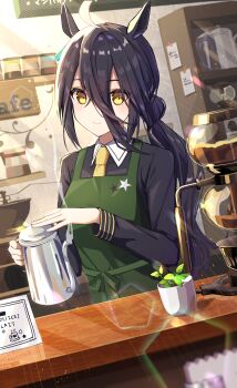 1girl absurdres ahoge animal_ears apron black_hair black_shirt bookshelf brown_eyes closed_mouth coffee_pot collared_shirt commentary_request goroo_(eneosu) green_apron highres holding horse_ears indoors long_hair looking_at_viewer low_ponytail manhattan_cafe_(umamusume) ponytail revision shirt smile solo umamusume upper_body very_long_hair