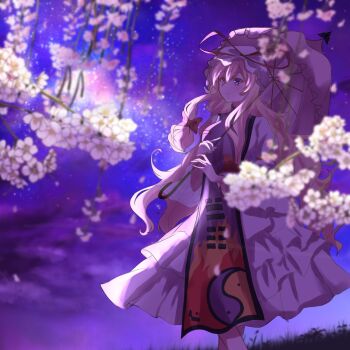 Rule 34 | 1girl, blonde hair, blush, cherry blossoms, closed mouth, cloud, commentary, dress, expressionless, from side, hair between eyes, hair ribbon, hat, hat ribbon, highres, hinami4007, holding, holding umbrella, long hair, long sleeves, mob cap, night, outdoors, purple eyes, purple tabard, ribbon, sky, solo, star (sky), starry sky, tabard, touhou, umbrella, very long hair, white dress, yakumo yukari