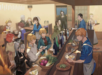 Rule 34 | 6+boys, :o, alcohol, apron, arune (isekai izakaya), ascot, blonde hair, blue eyes, bottle, brown hair, chair, character request, chopsticks, cooking, daikon, eating, eva (isekai izakaya), eye contact, food, gernot, grey hair, hans (isekai izakaya), henrietta (isekai izakaya), hermina (isekai izakaya), highres, indoors, isekai izakaya "nobu", kururi, long hair, looking at another, monocle, multiple boys, noodles, official art, pitcher (container), radish, ramen, red ascot, reinhold (isekai izakaya), sake, samue, senke shinobu, shirt, sitting, sliding doors, sweater, table, tray, waitress, white shirt, wicker basket, wine bottle, wooden floor, yazawa nobuyuki