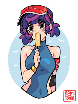 Rule 34 | 1girl, absurdres, bare shoulders, breasts, eating, food, helmet, highres, juno (overwatch), lifeguard, looking at viewer, nekitoron, one-piece swimsuit, overwatch, popsicle, purple hair, short hair, swimsuit, visor cap