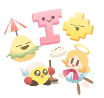 angel angel_(kirby) bakasa_(kirby) blonde_hair blush_stickers bow broom halo hb-002 hb-007 headscarf kagamimocchi_(kirby) kirby&#039;s_dream_land_3 kirby_(series) nintendo obachan_(kirby) open_mouth parasol pokka730 smile umbrella white_background