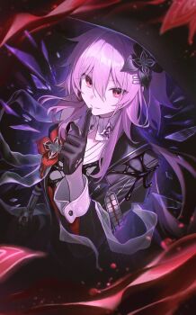 1girl black_flower black_gloves buttons dress evernight_(honkai:_star_rail) evey_(honkai:_star_rail) finger_to_mouth flower gloves hair_between_eyes hair_flower hair_ornament hairclip hashtag-only_commentary highres holding holding_umbrella honkai:_star_rail honkai_(series) layered_dress long_hair looking_at_viewer march_7th_(honkai:_star_rail) parallel_hairclips pink_hair red_eyes red_flower shards shushing sleeve_cuffs solo_focus umbrella very_long_hair yohaku