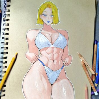 1girl abs ashwin_artss bikini blonde_hair blue_eyes blue_lips breasts cleavage emma_frost highleg highleg_bikini lipstick makeup marvel marvel_rivals muscular muscular_female navel solo swimsuit thighs traditional_media white_bikini x-men