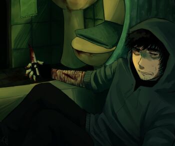 1boy absurdres bathtub black_gloves black_hair bloodshot_eyes clenched_teeth commentary_request cry_of_fear exposed_muscle facial_hair fingerless_gloves gloves goatee_stubble grey_hoodie highres holding holding_knife hood hood_up hoodie indoors injury italian_commentary jitome knees_up knife male_focus raykills self-harm short_hair simon_henriksson sitting sleeves_rolled_up solo stubble sweatdrop teeth wrist_cutting