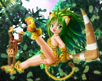 1girl animal_ears animal_hands animal_print armpits blush boomerang breasts cham_cham cleft_of_venus collarbone ebi_daruma fang flat_chest forest gloves green_eyes green_hair highres kneepits knees leaf legs loli long_hair monkey nature no_panties open_mouth paku_paku paw_gloves paw_shoes plant pussy samurai_spirits shoes small_breasts smile snk spread_legs tail thighs tiger_ears tiger_print tiger_tail tongue tree uncensored