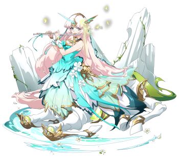 1girl barding bare_shoulders big_hair blowing blue_dress blue_ribbon blue_veil bracer breasts bug butterfly centaur centauroid cleavage_cutout clothing_cutout cross-shaped_pupils dress dress_flower elisse_(langrisser) flower flute full_body game_cg gold_trim golden_butterfly gradient_clothes gradient_dress green_eyes green_trim hair_ornament highres holding holding_flute holding_instrument hooves horns insect instrument langrisser langrisser_mobile layered_dress long_hair looking_at_viewer lying monster_girl multiple_legs music official_alternate_costume official_art parted_bangs pink_hair plant playing_flute playing_instrument pointy_ears ribbon rock second-party_source simple_background single_horn sleeveless sleeveless_dress small_breasts solo sparkling_water stream symbol-shaped_pupils tachi-e taur transparent_background unicorn_horn veil very_long_hair vines water white_flower white_wrist_cuffs wrist_cuffs yellow_butterfly