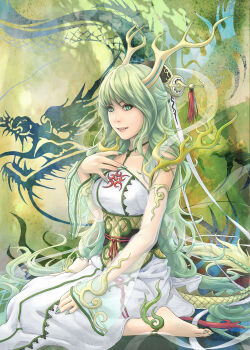 1girl anklet barefoot detached_sleeves dress eat eat0123 female_focus green_eyes green_hair hair_ornament highres horns jewelry long_hair looking_at_viewer matching_hair/eyes obi original sash see-through_clothes sitting solo wariza