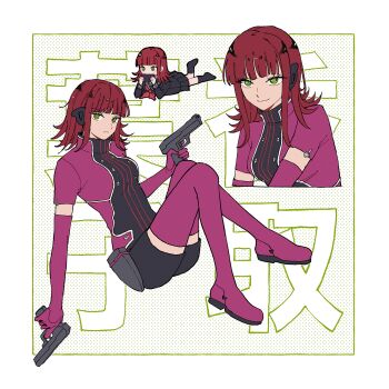 Rule 34 | 1girl, absurdres, black serafuku, boots, breasts, character name, commentary, dual wielding, elbow gloves, full body, gloves, green eyes, gun, heattech leotard, highres, holding, holding gun, holding weapon, jacket, katori squad's uniform, katori youko, leotard, medium breasts, medium hair, multiple views, purple boots, purple gloves, purple jacket, purple thighhighs, red hair, school uniform, serafuku, smile, solo, t0r4 x3, thighhighs, turtleneck, weapon, white background, world trigger