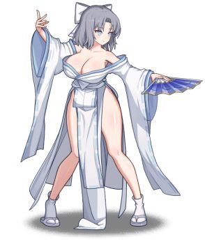 1girl :o animated animated_gif bare_shoulders blinking blue_eyes blush body_blush bouncing_breasts bow breasts cleavage collarbone crossover dot_nose fighting_stance folding_fan furisode game_asset grey_hair hair_bow hand_fan holding holding_fan japanese_clothes kimono large_breasts looking_ahead looking_at_viewer looping_animation lost_sword:_tales_of_britania low_neckline medium_hair official_art paper_fan pelvic_curtain pigeon-toed print_fan print_paper_fan revealing_clothes ribbon-trimmed_kimono ribbon_trim sandals senran_kagura shiny_skin shoulder_blush side_slit simple_background socks solo standing striped_bow tabi white_background white_bow white_kimono white_socks wide_sleeves yumi_(senran_kagura) zouri