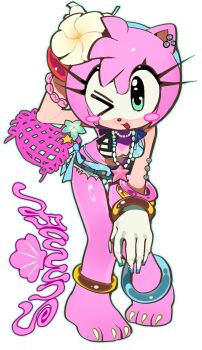 Rule 34 | 1girl, absurdres, alternate costume, amy rose, anklet, aqua hair, blush stickers, bracelet, breasts, claws, earrings, flower, gloves, hair flower, hair ornament, hedgehog girl, highres, jewelry, kosherea, necklace, no shoes, one eye closed, pearl necklace, seashell, shell, shell bracelet, simple background, small breasts, solo, sonic (series), stud earrings, tank top, white background, white gloves