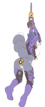 1girl anal anal_object_insertion animal_ears anus arms_up ass ball bdsm blue_bodysuit blue_hair bodysuit bondage bound bound_wrists breasts fangs female_focus fox_ears fox_tail from_behind full_body furry furry_female green_eyes highres krystal large_breasts looking_back nintendo nipples object_insertion open_mouth own_hands_together pussy robotjoe rope short_hair simple_background solo source_request standing star_fox tail torn_clothes uncensored white_background wide-eyed