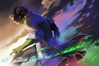 1boy animal_ears brown_hair cloud coat cowboy_shot docm77 from_behind gameplay_mechanics grey_pants hermitcraft highres horns lab_coat looking_at_viewer looking_back male_focus mechanical_arms minecraft minecraft_youtube outdoors painterly pants red_eyes renfei sheep_boy sheep_ears sheep_horns short_hair shovel single_mechanical_arm smile solo standing white_coat