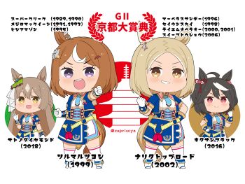 4girls :d animal_ears black_hair blue_jacket blue_necktie blue_skirt blush boots braid breasts brown_eyes brown_hair capriccyo chibi clenched_hand commentary_request cropped_jacket fold-over_boots forehead glorious_azure_costume_(umamusume) gloves highres horse_ears horse_girl horse_tail jacket kita_high_school_uniform long_hair medium_breasts multicolored_hair multiple_girls narita_top_road_(umamusume) necktie open_clothes open_jacket open_mouth orange_eyes outstretched_arm parted_bangs purple_eyes satono_diamond_(umamusume) school_uniform shirt simple_background skirt smile standing streaked_hair tail teeth thighhighs thighhighs_under_boots translation_request tsurumaru_tsuyoshi_(umamusume) two_side_up umamusume upper_teeth_only v-shaped_eyebrows very_long_hair white_background white_boots white_gloves white_hair white_shirt white_thighhighs