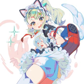 Rule 34 | 1girl, animal ear hairband, animal ears, bag, black dress, bloomers, blush, cat ear hairband, cat ears, commentary request, cowboy shot, dress, earrings, fake animal ears, frilled dress, frills, from side, ghost hair ornament, green eyes, green hair, green nails, hair ornament, hairband, heart, heart earrings, highres, jewelry, looking at viewer, maid, maid headdress, multiple hair clips, official alternate costume, open mouth, red bag, solo, sparkle, sunna (afternoon tea break) (zenless zone zero), sunna (zenless zone zero), underwear, white background, white bloomers, white wings, winged bag, wings, zenless zone zero, zhuozhuozhuo