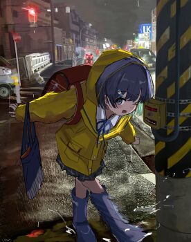 1girl absurdres backpack bag boots building car city commentary_request hair_ornament hairclip highres hood hood_up looking_at_viewer miniskirt motor_vehicle night one_eye_closed open_mouth original outdoors rain raincoat randoseru road rubber_boots skirt solo standing street wanigumo yellow_raincoat