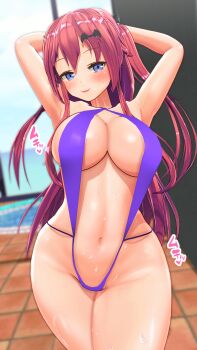 1girl 3d arms_behind_head blue_eyes blush breasts cleavage curvy female_focus highres large_breasts long_hair minamo_rm navel one-piece_swimsuit open_mouth original pink_hair purple_one-piece_swimsuit sideboob smile solo stomach sweat swimsuit thick_thighs thighs wide_hips
