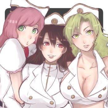 3girls bambietta_basterbine bare_shoulders black_hair bleach bleach:_sennen_kessen-hen breasts candice_catnipp cleavage collarbone green_eyes green_hair hat ikuno_taso large_breasts lips long_hair looking_at_viewer meninas_mcallon military_hat multiple_girls parted_lips pink_hair puffy_sleeves quincy_(bleach) shiny_skin sternritter teeth wandenreich_uniform