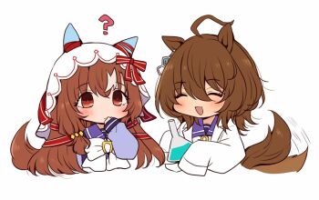 2girls ? agnes_tachyon_(umamusume) ahoge animal_ears blush bow bowtie brown_hair chemical_structure chiyakobu closed_eyes coat cropped_torso ear_covers ear_ribbon earrings hair_between_eyes hair_ornament holding_beaker horse_ears horse_girl horse_tail huge_ahoge jewelry lab_coat long_hair long_sleeves medium_hair multiple_girls open_mouth purple_sailor_collar purple_serafuku purple_shirt red_eyes sailor_collar sailor_shirt school_uniform serafuku shirt simple_background sleeves_past_fingers sleeves_past_wrists smile still_in_love_(umamusume) tail tail_wagging tracen_school_uniform umamusume veil white_background white_bow white_bowtie white_coat white_streaks white_veil wolf_cut