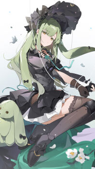 1girl absurdres animal_ears black_dress black_gloves black_thighhighs bound bound_wrists bow bug butterfly closed_mouth doll_joints dress flower frilled_dress frills gloves gothic_lolita gradient_background green_hair hair_bow hat highres insect joints knee_pads lolita_fashion long_hair looking_at_viewer original partially_fingerless_gloves puffy_sleeves puppet rabbit_ears short_sleeves single_glove sitting solo string stuffed_animal stuffed_rabbit stuffed_toy teketi thighhighs wakaba_mutsumi wakaba_mutsumi_(marionette&#039;s_id)