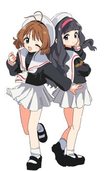 2girls ;d absurdres antenna_hair black_hair black_shirt black_shoes blunt_bangs blush brown_hair cardcaptor_sakura child closed_mouth commentary_request daidouji_tomoyo full_body green_eyes hair_intakes hand_on_own_cheek hand_on_own_face hat highres kinomoto_sakura long_hair long_sleeves looking_at_viewer multiple_girls neckerchief one_eye_closed open_mouth osakana_(kitasisn) pleated_skirt purple_eyes sailor_collar school_uniform shirt shoes short_hair simple_background skirt smile socks standing tomoeda_elementary_school_uniform white_background white_hat white_neckerchief white_sailor_collar white_skirt white_socks