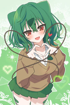 1girl :d animal_ears bandaid bandaid_on_leg blush breasts brown_sweater bulbasaur cleavage collarbone commentary_request cowboy_shot crossed_bangs dot_nose four-finger_heart_hands gen_1_pokemon green_hair green_skirt gyaru gyaru_bulbasaur gyaru_bulbasaur_(shin_no_tenpii) hair_between_eyes heart heart_hands large_breasts looking_at_viewer matsumiya_kiseri miniskirt nintendo open_mouth outline personification pixelated pleated_skirt pokemon pokemon_pokopia red_eyes short_hair skirt smile solo sweater white_outline