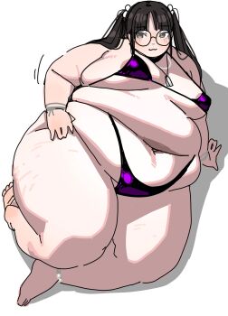 1girl :3 anklet areola_slip belly big_belly bikini black_hair bracelet breasts brown_eyes dog_tags fat fat_rolls fat_woman from_above glasses hair_ornament hand_on_own_thigh highleg highleg_bikini highres jewelry ki-da_(ipkcte5b0htjned) long_hair lying medium_breasts navel necklace obese on_side original purple_bikini round_eyewear shiny_clothes smile solo stretch_marks swimsuit thick_arms thick_thighs thighs twintails white_background