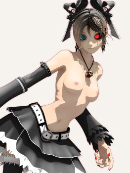 1girl 3d android aqua_eyes belt black_sclera bow breasts brown_hair buckle bug ca_(deino) calne_ca_(deino) colored_sclera creepy crustacean deino_(deino3330) detached_sleeves female_focus hair_bow hair_ribbon heterochromia highres isopod jewelry looking_at_viewer medium_breasts nail_polish narrow_waist nato-kun navel nipples original red_eyes revealing_clothes ribbon shadow short_hair simple_background skirt skull smile solo topless_female uncensored vocaloid