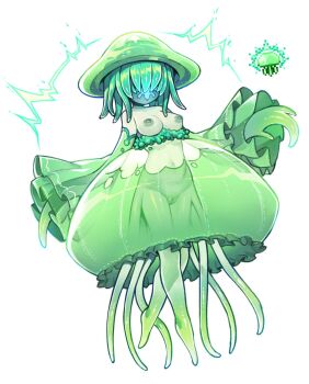 1girl ascot barefoot breasts cleft_of_venus detached_sleeves dress electricity glowing glowing_mouth green_ascot green_dress green_hair green_headwear green_theme highres jellyfish jellyfish_(terraria) jellyfish_girl long_sleeves medium_breasts medium_hair monster_girl navel no_eyes nyong_nyong pussy see-through_clothes simple_background solo tentacle_hair tentacle_hands tentacle_legs terraria uncensored white_background wide_sleeves