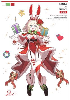 1girl animal_ear_hairband animal_ears blonde_hair bow box cape capelet christmas christmas_ornaments christmas_stocking christmas_wreath coat commentary_request dolce_(dolsuke) fake_animal_ears flower fur-trimmed_capelet fur_trim fur_wrist_cuffs garter_straps gift gift_box gloves green_bow hair_flower hair_ornament hair_ribbon hairband highleg highleg_leotard highres leotard long_coat merry_christmas original outstretched_arms playboy_bunny poinsettia rabbit_ear_hairband rabbit_ears red_capelet red_coat red_leotard ribbon santa_costume short_hair snowflakes solo sparkle_print standing thighhighs white_background white_gloves wreath wrist_cuffs