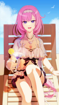 1girl absurdres beach beach_chair bikini blue_eyes blue_sky bracelet breasts c10h12o2 cleavage commentary_request cup elysia_(honkai_impact) elysia_(miss_pink_elf)_(honkai_impact) elysia_(summer_miss_elf)_(honkai_impact) food fruit hairband highres holding holding_cup honkai_(series) honkai_impact_3rd jewelry large_breasts lemon lemon_slice long_hair looking_at_viewer midriff necklace official_alternate_costume pink_hair shell shell_necklace sky smile solo swimsuit tropical_drink very_long_hair white_bikini white_hairband