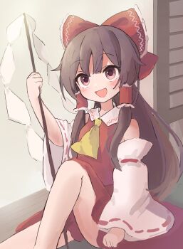 1girl :d ameshi_(rzuw4482) ascot bare_shoulders blush bow breasts brown_eyes brown_hair commentary detached_sleeves feet_out_of_frame frilled_bow frilled_hair_tubes frills gohei hair_bow hair_tubes hakurei_reimu highres holding knee_up long_hair looking_up open_mouth red_bow red_skirt ribbon-trimmed_sleeves ribbon_trim shirt sidelocks sitting skirt skirt_set sleeveless sleeveless_shirt small_breasts smile solo touhou wide_sleeves yellow_ascot