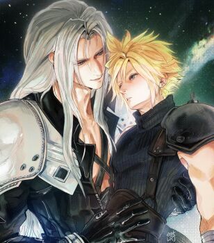 2boys armor black_coat black_gloves black_sweater blonde_hair blue_eyes chest_strap cloud_strife coat eatlrj final_fantasy final_fantasy_vii final_fantasy_vii_remake gloves green_eyes grey_hair hair_intakes hand_on_another's_stomach hashtag-only_commentary height_difference highres light_smile long_bangs long_hair long_sleeves looking_at_another male_focus multiple_boys night outdoors parted_bangs parted_lips pauldrons sephiroth short_hair shoulder_armor single_pauldron sky sleeveless sleeveless_sweater sleeveless_turtleneck slit_pupils solo spiked_hair star_(sky) starry_sky suspenders sweater toned toned_male turtleneck upper_body