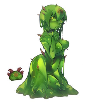 1girl breasts brown_eyes collarbone colored_nipples colored_skin core finger_to_mouth full_body green_hair green_nipples green_pupils green_skin inverted_nipples looking_to_the_side medium_breasts monster_girl navel nipples nude nyong_nyong personification reference_inset short_hair simple_background slime_(substance) slime_girl solo spiked_jungle_slime_(terraria) terraria third-party_edit uncensored white_background